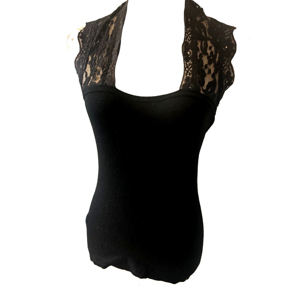 VTG Bebe 2B Black Sheer Floral Lace Trim Sleeveless Knit Fitted Top Size M Y2K